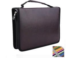 Etui met 150 vakjes, gemaakt van PU-leer, met een grote capaciteit, etuihouder, etui met handvat, etui voor schoolspullen, bruin, modern