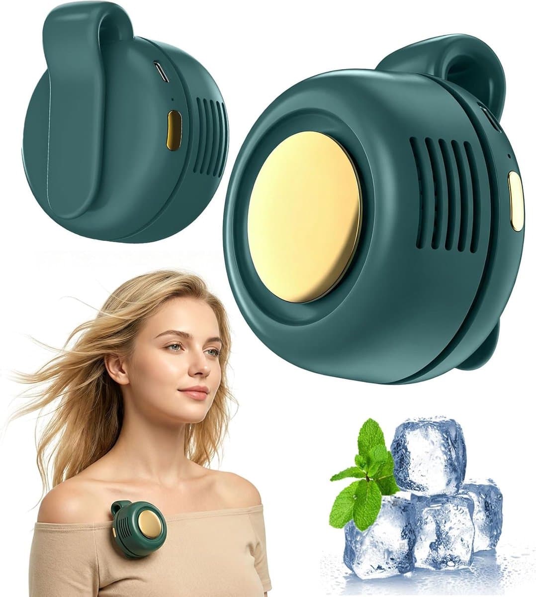 Draagbare, stille en bladeloze clipventilator – Oplaadbare en draagbare ventilator – Handsfree koeling voor taille en nek – 3 snelheden – 6 uur gebruiksduur – USB-C snelladen (groente) — afbeelding 1