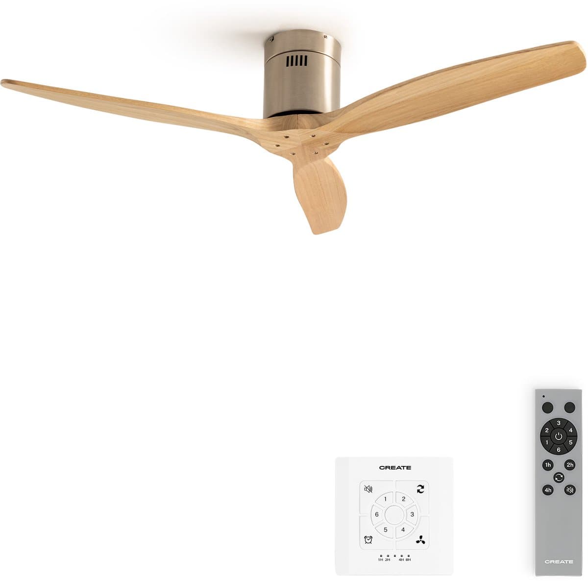 CREATE - Stille plafondventilator 100% hout 40W (Ø132cm) - Geen licht - Controller voor wandmontage + Afstandsbediening - 6 snelheden - Programmeerbaar - WIND CALM NATURAL WOOD — afbeelding 1