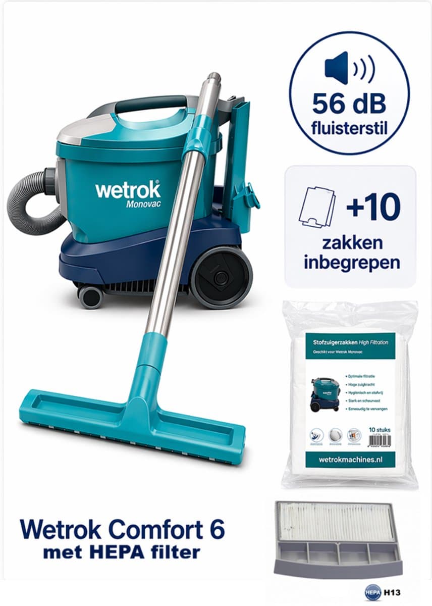 Wetrok Comfort 6 met HEPA H13 filter, COMPLEET PAKKET, Krachtige Zuigkracht, Professionele Stofzuiger – 900W – Zeer Stil (56 dB) – 12 m Kabel – Industriële Stofzuiger – Incl. 10 gratis stofzuigerzakken — afbeelding 1