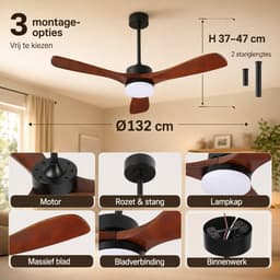 MUPOO Scandinavische hout Grote Plafondventilator met Verlichting 132 cm - Muisstil DC Motor & Afstandsbediening - APP & Zomer- en Winterstand - 6 Snelheden & Timer - plafonniere met ventilator voor Woonkamer, Hoge Plafonds & Eetkamer — thumbnail 5