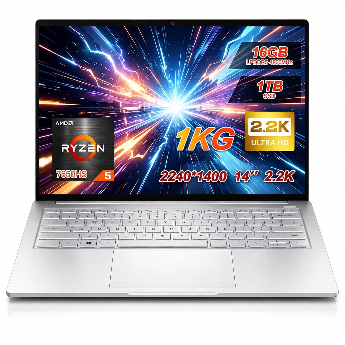Ninkear S14 Laptop 14 inch – AMD Ryzen 5 7535HS – 16GB LPDDR5 – 1TB NVMe SSD – 60Wh accu – WiFi 6 – Fingerprint – Windows 11 – 2.2K 16:10-Zilver — afbeelding 1