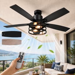 MUPOO Zwart Industrieel Plafondventilator met Verlichting 112 cm -DC Motor <30dB -Zomer- en winterstand&Afstandsbediening- 6 Snelheden & Timer -voor Binnen,Slaapkamer & Terras-Walnoot — thumbnail 1