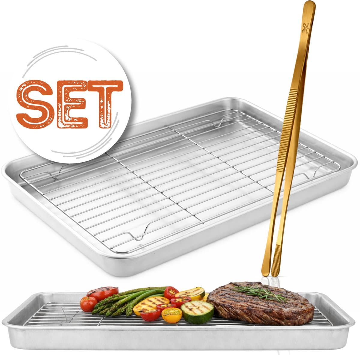 Braadslede met Afkoelrooster 304 RVS 31,8 x 24,8 x 3 cm + Gouden Keukenpincet 30,5 cm – Oven, BBQ & Airfryer Set — afbeelding 1