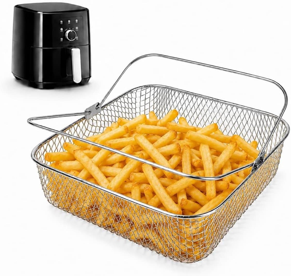 Vierkant airfryermandje met handvat, gemaakt van 304 roestvrij staal, geschikt voor airfryers. — afbeelding 1