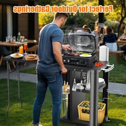 Grill trolley met opklapbare zijtafel, multifunctionele buitenkeuken met opbergruimte en wielen, 143 x 37 x 89 cm — thumbnail 5