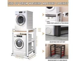 Wasmachine- en Drogerstandaard – Wasmachinehouder – Stapelrek – Wasmachine Lift – Drogerrek – Verstelbare Hoogte – Stevig Smeedijzer Teak Kleur