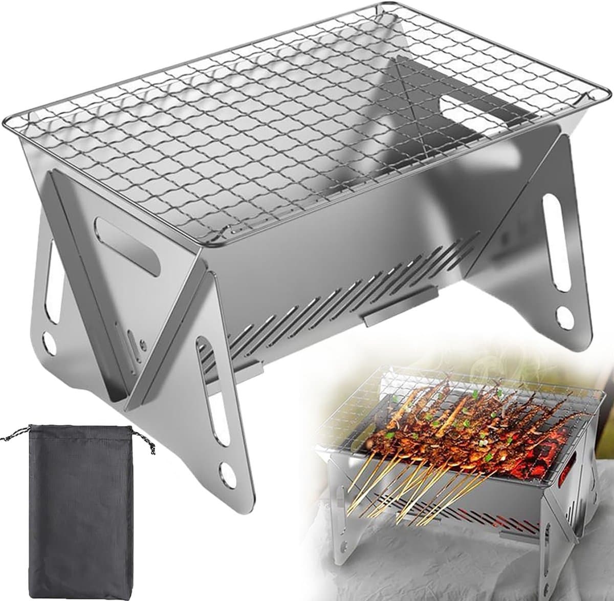 Draagbare Barbecue - Houtskool Barbecue - Met Opbergzak - Opvouwbare Barbecue - RVS - 28,5 x 18,5 x 13 cm - Draagbare Houtskool Grill met rooster - Barbecue Smoker - Houtskool BBQ - Voor Picknick, Kamperen en Buitenactiviteiten - Festival BBQ — afbeelding 1