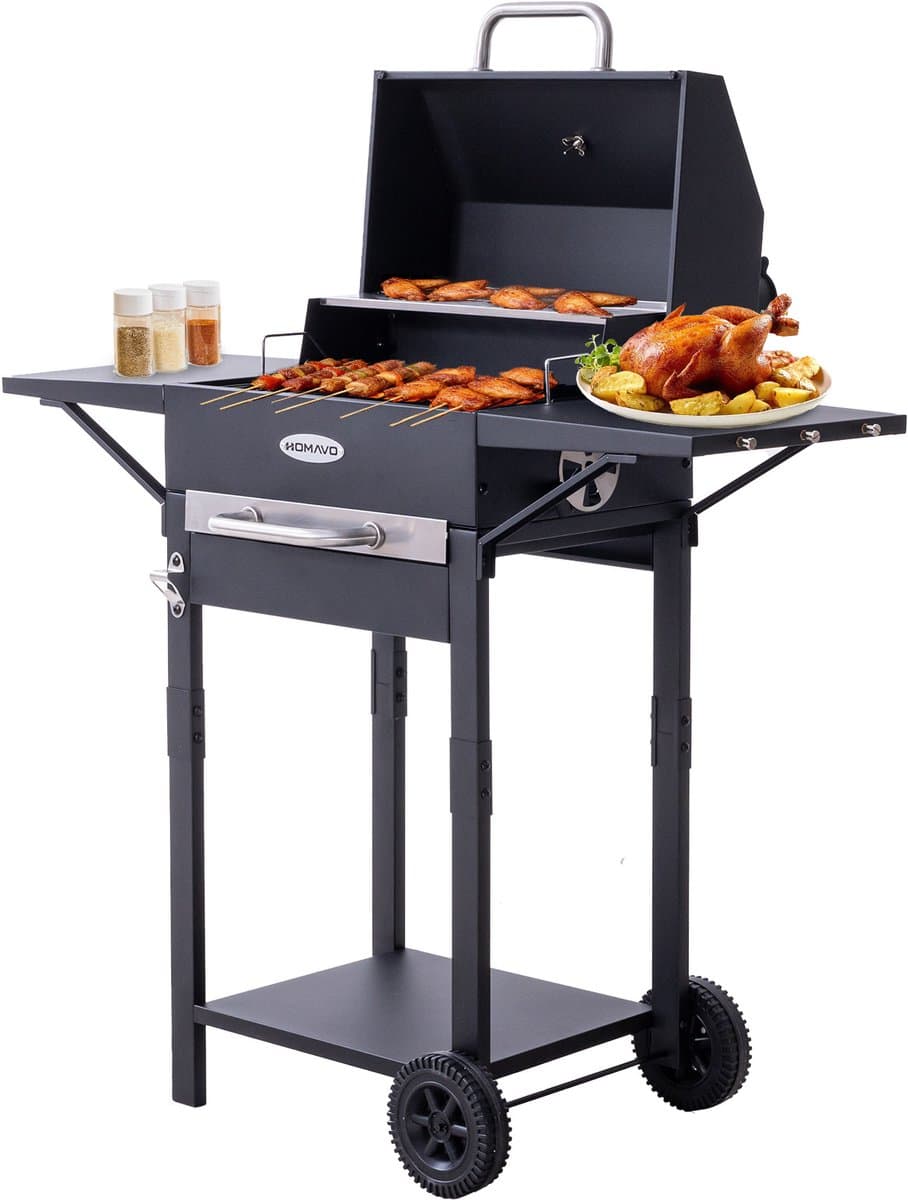 HOMAVO Houtskoolgrill, Barbecue met Deksel, Grilloppervlak: 45×32 cm, 2-standig in hoogte verstelbare kolenbak, Bijzettafel, Thermometer — afbeelding 1