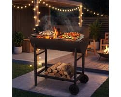 Houtskoolbarbecue ELITE met wielen en zijtafel – Dubbel grillrooster – Zwart staal – 89x47xH89 cm – 6-8 personen