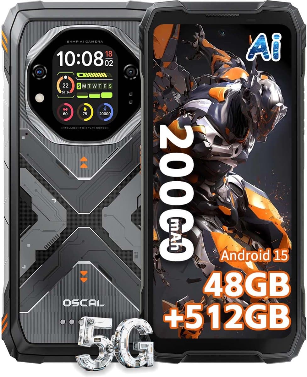 OSCAL TANK 1 Robuuste Smartphone 5G - 48GB RAM - 512GB ROM - 6,78 inch 2,4K FHD+ 120Hz - 20000mAh - 64MP + 50MP Camera, 20MP Nachtzicht - 170LM Dubbele LED-lamp - 100dB luidspreker - IP68/IP69K Outdoor Telefoon - Android 15 - NFC GPS - Oranje — afbeelding 1