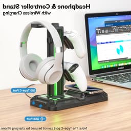 Hoofdtelefoonstandaard met Draaibare Controllerhouder, Draadloos Opladen, 9 Lichtstanden en 2 USB Poorten - Ideaal voor Gaming Accessoires en Bureau Organisatie — thumbnail 5
