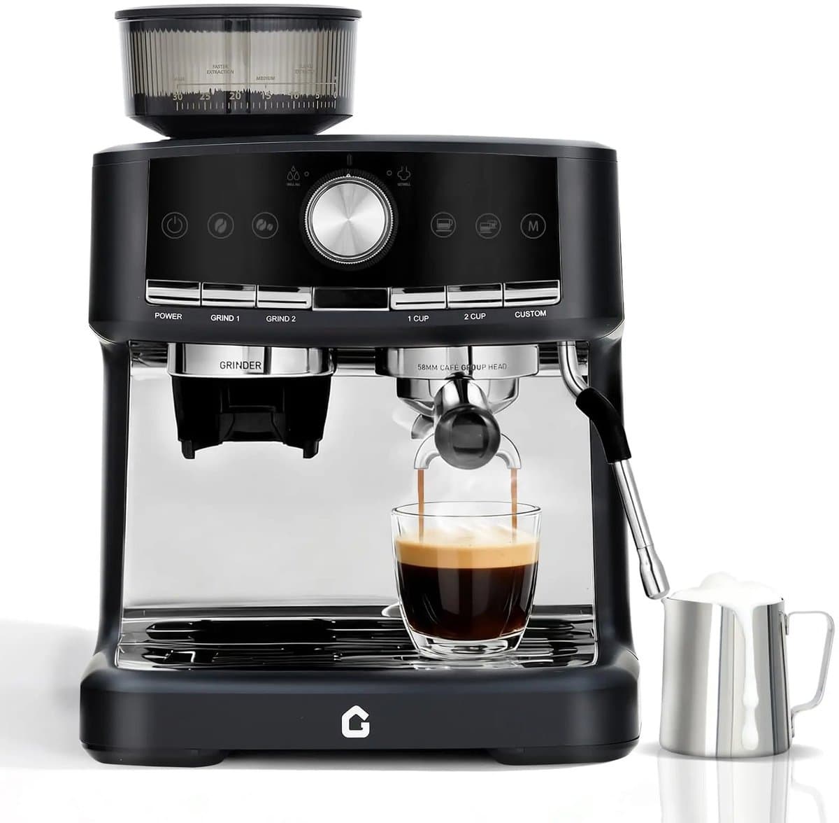 Sello! espressomachine – koffiemolen – melkopschuimer – cappuccino – latte – verse bonen – 30 maalstanden – 1350W - RVS — afbeelding 1