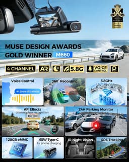 AZDOME M660 2K 4CH 360° Dash Cam - 4 Camera's (voor + achter + links + rechts), Ingebouwde 128GB eMMC & Auto Parkeermodus, GPS, 5G WiFi, 3" Touchscreen, G-Sensor & IR Nachtzicht - Auto Beveiliging - Haarscherpe Nachtzicht - Dashcam Auto 2026 Model — thumbnail 4