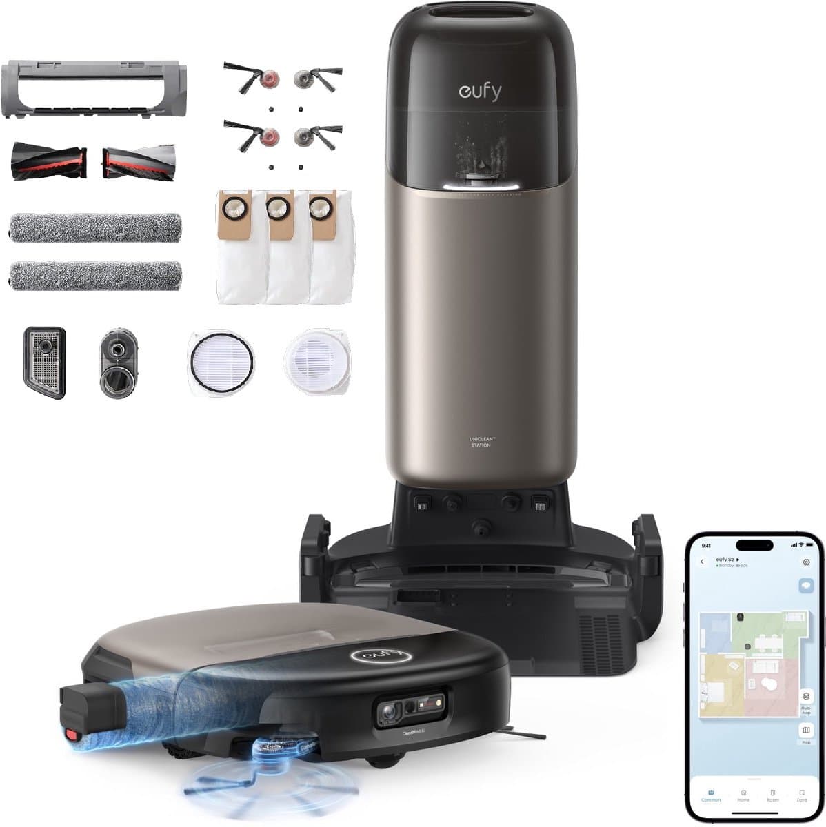 eufy Dweilrobot HydroJet S2 met Vervangingssets, 30kPa AeroTurboTM 2.0-Zuigkracht, Vloerreinigingssysteem 2.0, EcoCleanth Elektrolyse, Randreiniging, Haarvrije DuoSpiralt" Borstels, 12-in-1 UniCleanTM Station — afbeelding 1