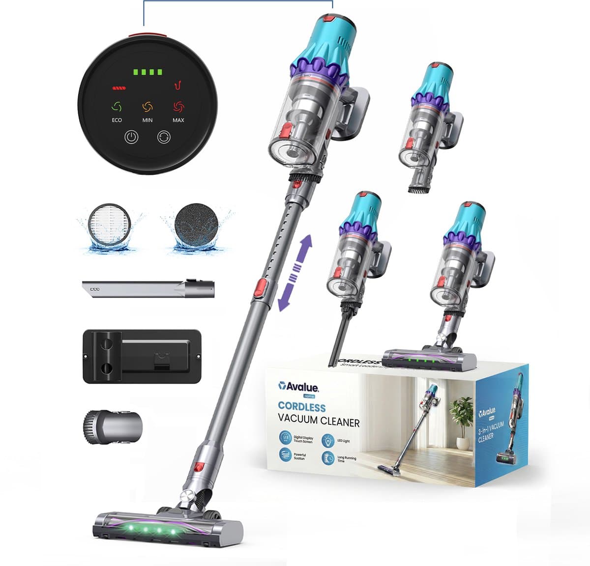 Avalue 3-in-1 Stelstofzuiger Draadloos – 300W – 32kPa Zuigkracht – 60 min – 4 Opzetstukken – Zonder Zak – Voor Thuis en Auto — afbeelding 1