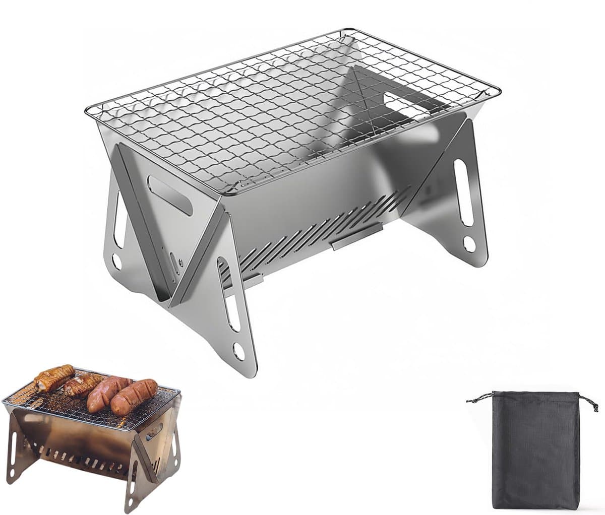 BBQ-grill - Roestvrijstalen BBQ-grill - Houtskool BBQ-grill - Mini BBQ-grill - Buiten BBQ-grill - Draagbaar - Opvouwbaar - Inclusief opbergtas - 27*16*13 cm - Geschikt voor kamperen, terrassen, buiten, enz. - Zilver — afbeelding 1