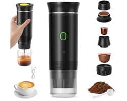 Draagbare reiskoffiemachine, 3-in-1 draagbare koffiezetapparaat met snelle verwarming 12V, zelfverwarmend in 4 tot 6 minuten, geschikt voor grote koffiecapsules en gemalen koffie. Ideaal voor kamperen, kantoor, thuis en auto (zwart).