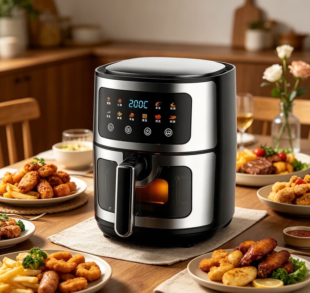 Hetelucht friteuse 6L Oven met 10 programma‘s 1400W gezond koken met 90% minder vet Digitale touchscreen kijkvenster antiaanbak mandje Zwart — afbeelding 1