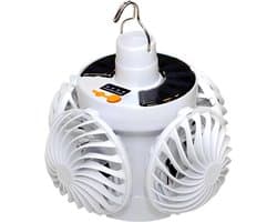 Plafondventilator – Op zonne-energie werkende ventilator met verlichting – Tentventilator met 4 bladen – Met LED-verlichting – Oplaadbaar via USB – Inclusief afstandsbediening – Ideaal voor kamperen, wandelen en verkoeling buitenshuis — afbeelding 1