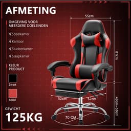 Gamingstoel / Ergonomische Bureaustoel - Kunstleer - Met Voetensteun, Hoofdsteun & Lendenkussen - Verstelbare Hoogte - 125 kg Draagvermogen — thumbnail 5