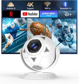 Mini Beamer - Projector - 4K Ondersteuning - Voetbal Design - Wifi 6 & Bluetooth 5.4 - Mini Beamer voor Mobiel - 360 Graden Draaibaar - Thuisbioscoop - Outdoor - Auto Keystone - Draagbare Projector - Short Throw - Wit/Zwart — thumbnail 1