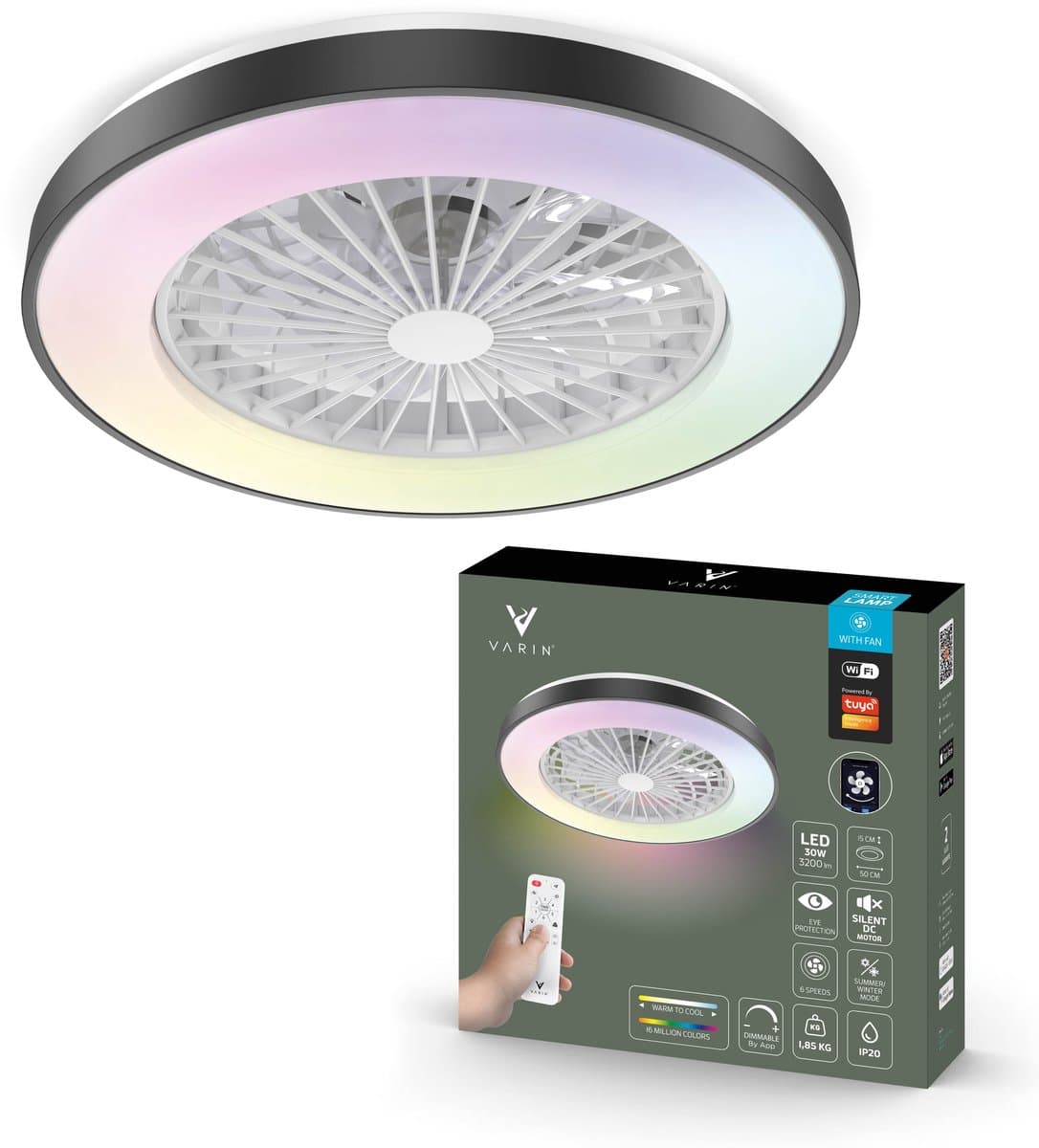 Varin® Plafondventilator met verlichting - Zwart - Tuya Wifi - LED 30W RGBW - Ø 50cm - Super stil - Afstandsbediening smart lamp - Plafondlamp slaapkamer - Plafonniere woonkamer - Plafondlampen - Plafond lamp - Verlichting kinderkamer - Ventilator — afbeelding 1