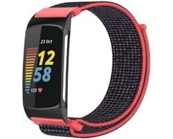 Nylon Smartwatch bandje - Geschikt voor Fitbit Charge 5 / Fitbit Charge 6 nylon bandje - koraal/zwart - Strap-it Horlogeband / Polsband / Armband
