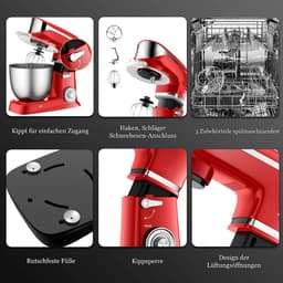 Royalty Line® PKM1900 Keukenmachine - 6.5 L Keukenrobot - Mixer Met Mengkom - 1900W Keukenmixer - Incl. Accessoires - Rood — thumbnail 3