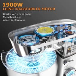 Royalty Line® PKM1900BG 3 in 1 Keukenmachine - 6.5 L Keukenrobot - 1900W Foodprocessor - Keukenmixer Met Blender & Vleesmolen - Zilver — thumbnail 5