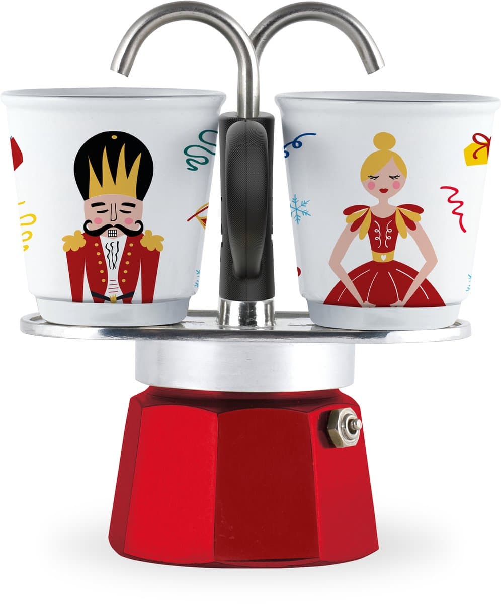 Bialetti Mini Express Nutcracker 2 Kops met 2 Espressokopjes – Limited Edition – Rode Percolator – Espresso Cadeauset — afbeelding 1