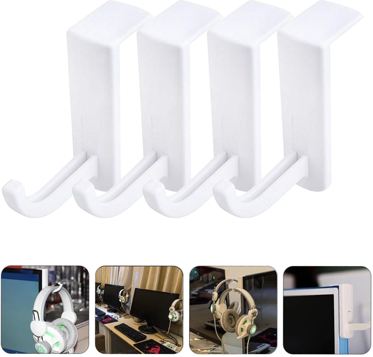 4 pack - Plastic hoofdtelefoonhouder - Koptelefoon Houder - Headset Houder - Rackstan daardhaak - voor computer Internetbar Bureau Kantoor -Monitor Houder - Zelfklevend(4-pack, Wit) — afbeelding 1