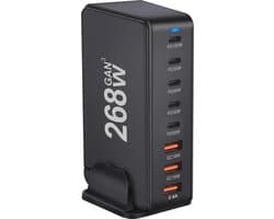 DrPhone GaNForce - 268W - 8 Poort Laadstation – Desktop Oplader – Laptop / Tablet / Smartphone - 1x PD 100W USB-C Poort – 4x 30W Type C Poorten – 3x 18W USB Poorten - Voor o.a. Macbook / iPad /iPhone - Zwart