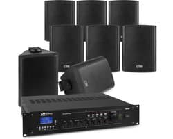 Power Dynamics 100V set voor buitenterras of overkapping - 8 speakers & 4-zone versterker - Bluetooth