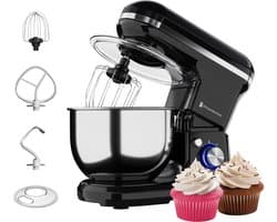 KitchenBrothers 1200W Keukenmachine - Keukenrobot - 5L - Mixer met Mengkom - BPA-vrij Keukenmixer - Zwart