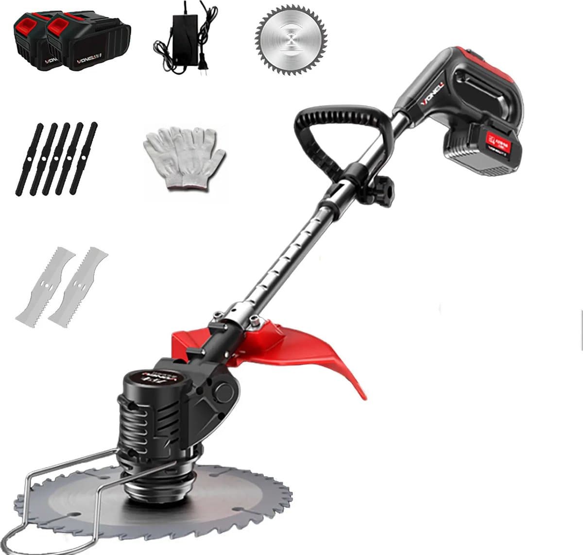 Accugrasmaaier - 2 x accu - Elektrische - Professionele - Grasmaaier - Rood - Verstelbare Snijder - Draadloze - Grasmaaier - Tuin - 100-135cm - Zaagblad - Maaiblad - Grastrimmer — afbeelding 1