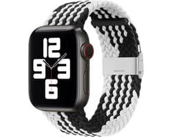 By Qubix - Geschikt voor Apple Watch bandje - Braided nylon bandje - Zwart met wit - Geschikt voor Apple Watch 44mm / 45mm / 46mm / 49mm (Ultra 1,2 en 3) - Smartwatch bandje - nylon - bandje iWatch