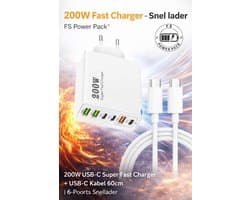 200W Fast Charger-Snel lader FS Power Pack® 200W USB-C Super Fast Charger +Kabel 1M| 6-Poorts Snellader | 3x USB-C + 3x USB | Power Delivery PD & QC3.0 | EU/Plug | Zwart/Wit/ Voor Samsung / Xiaomi / Huawei / iPhone / Laptop