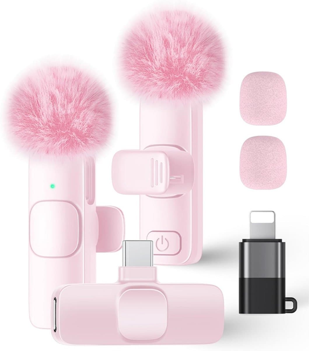 Draadloze Microfoon - 2 Stuks - Microfoon Draadloos - Dasspeld Microfoon Draadloos - Microfoon Bluetooth - Lavalier Microfoon - Geschikt Voor Alle Telefoons - Lavalier - Microfoons - Plug & Play - Roze — afbeelding 1