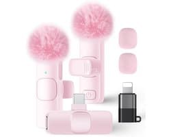 Draadloze Microfoon - 2 Stuks - Microfoon Draadloos - Dasspeld Microfoon Draadloos - Microfoon Bluetooth - Lavalier Microfoon - Geschikt Voor Alle Telefoons - Lavalier - Microfoons - Plug & Play - Roze