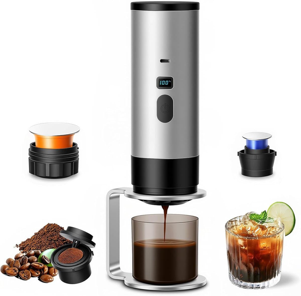 Drie-In-ééN Draagbare Koffiezetapparaat, Draagbare Koffiezetapparaat, Oplaadbare Koffiezetapparaat, Usb-Capsule Espressomachine (Grijs) — afbeelding 1