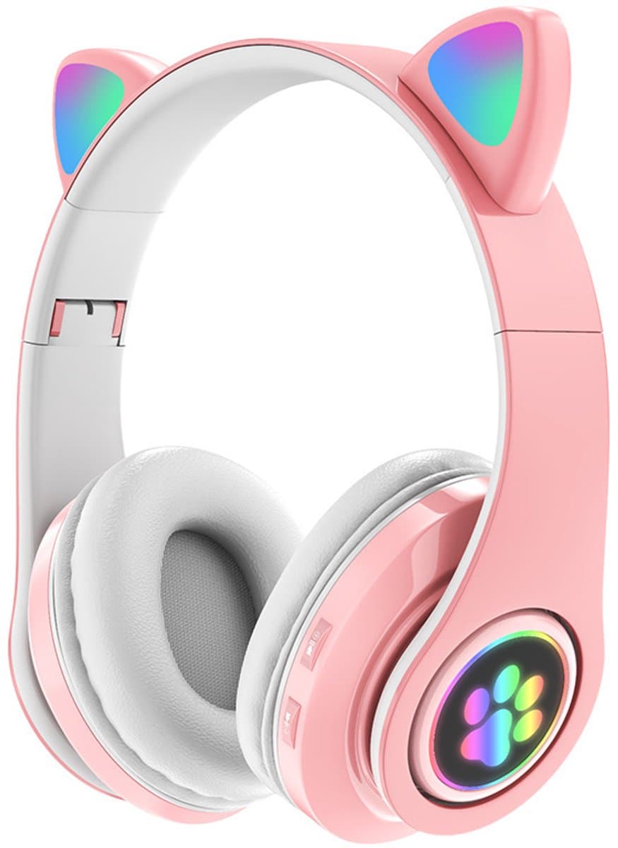 Draadloze Bluetooth-oortjes met een opvallend kattenoortjesdesign, stereo-koptelefoon met microfoon en verstelbare hoofdband, Geschikt voor desktops, laptops, tablets en smartphones. Kleur: Roze — afbeelding 1