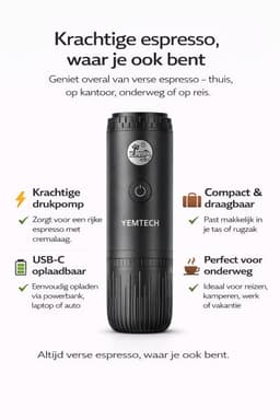 Yemtech® Draagbare Elektrische Espressomachine - Draagbare Espresso machine - Ruim 100 ml - Mini Reis Espressomachine - Mini Koffiemachine – Oplaadbaar 7800mAh – Voor Camping, Auto & Reizen — thumbnail 5