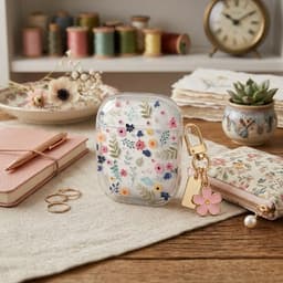 Transparant bloemen patroon hoesje voor oordopjes geschikt voor AirPods 4 – afgeronde hoeken, doorzichtig beschermhoesje met kleine bloemprint, metalen karabijnhaak en decoratieve bloem hanger — thumbnail 2