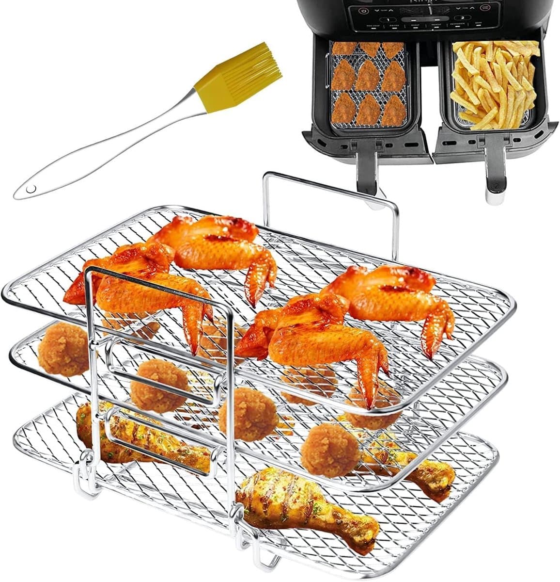 Airfryer Rack Compatibel Geschikt voor Ninja DZ201 DZ401 en PowerXL 2-Mand Airfryer - Airfryer Accessoires Set - Dubbele Mand Airfryer Rack - 304 Roestvrijstalen Toast Rack - Meerdere Lagen Grill Rack - 1 PACK — afbeelding 1