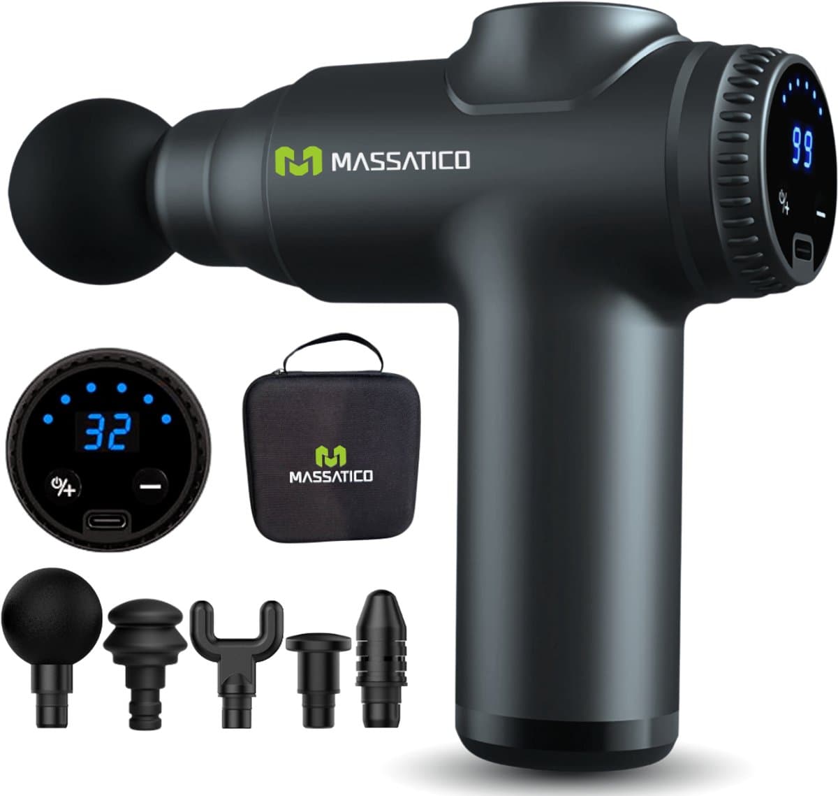 Massatico Massage Gun Compact - Professioneel en Krachtig Massage Apparaat - Massageapparaat Massagegun - Massage Pistool - Zwart - 5 Opzetstukken - 32 Standen - Met Koffer — afbeelding 1