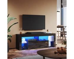 TV Meubel Laag 140 cm Breed - Zwart Hoogglans TV Kast met Glazen Planken