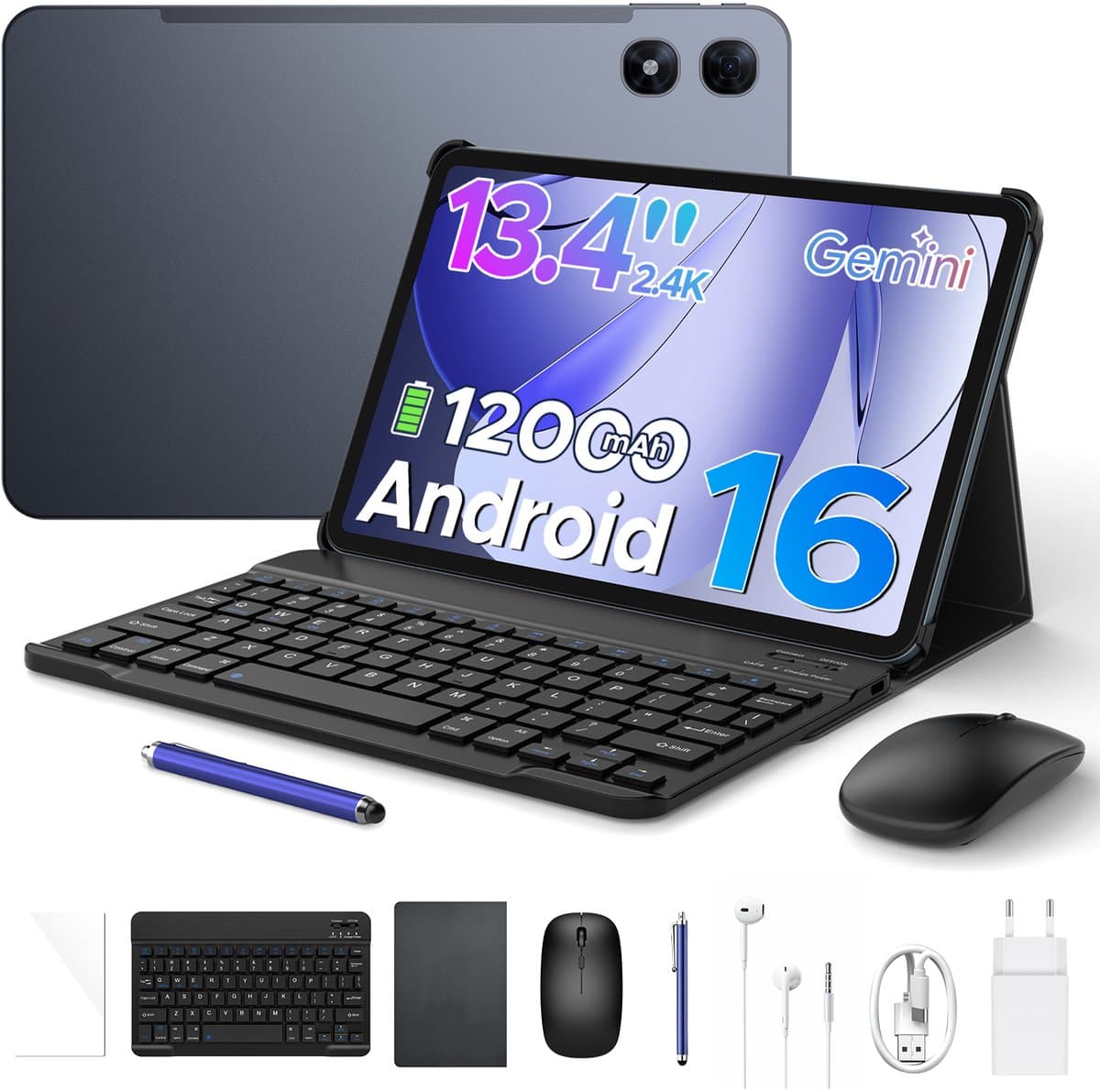 Aorlym P13 Pro - Tablet - 12 GB RAM + 256 GB ROM (2 TB/TF) - 13,4 inch tablet FHD+ 120 Hz - Android 16 - UNISOC T7280 - 12000 mAh - 4G LTE - Wi-Fi 5 - Bluetooth 5.0 - Inclusief toetsenbord, muis, Stylus en hoesje - Dubbele luidsprekers - Grijs — afbeelding 1