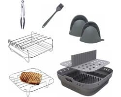 Accessoireset voor De Airfryer - met Opvouwbare Siliconen Bakplaat + Stoomrek van 304 Roestvrij Staal - 8 Stuks - Accessoires voor Airfryers - Ovenaccessoires