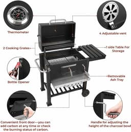 Barbeque - Houtskool BBQ Grill - Barbecuevat met Wielen - Voor Buiten - 113 x 53,5 x 100 cm - Rokers Barbeque - — thumbnail 5